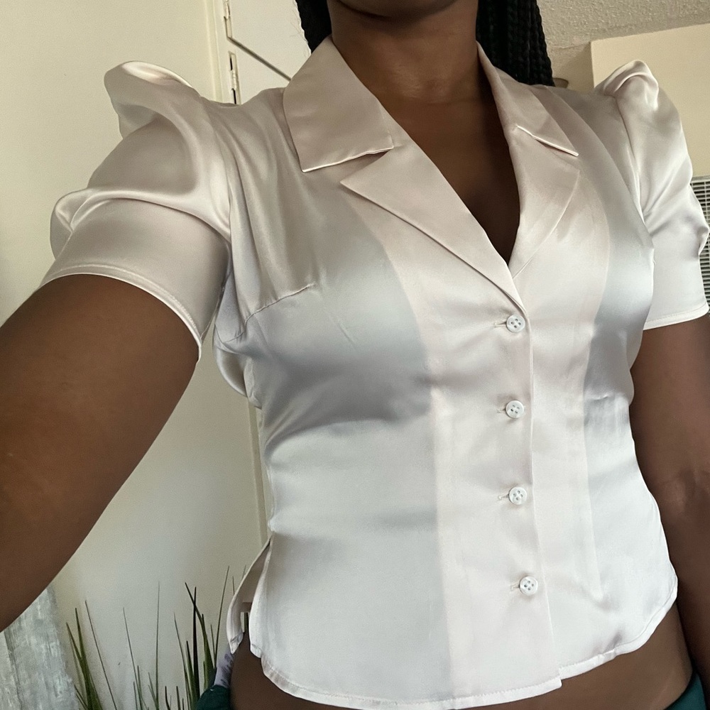 Moussy Vintage Satin Puff Shoulder Top (Sz S)